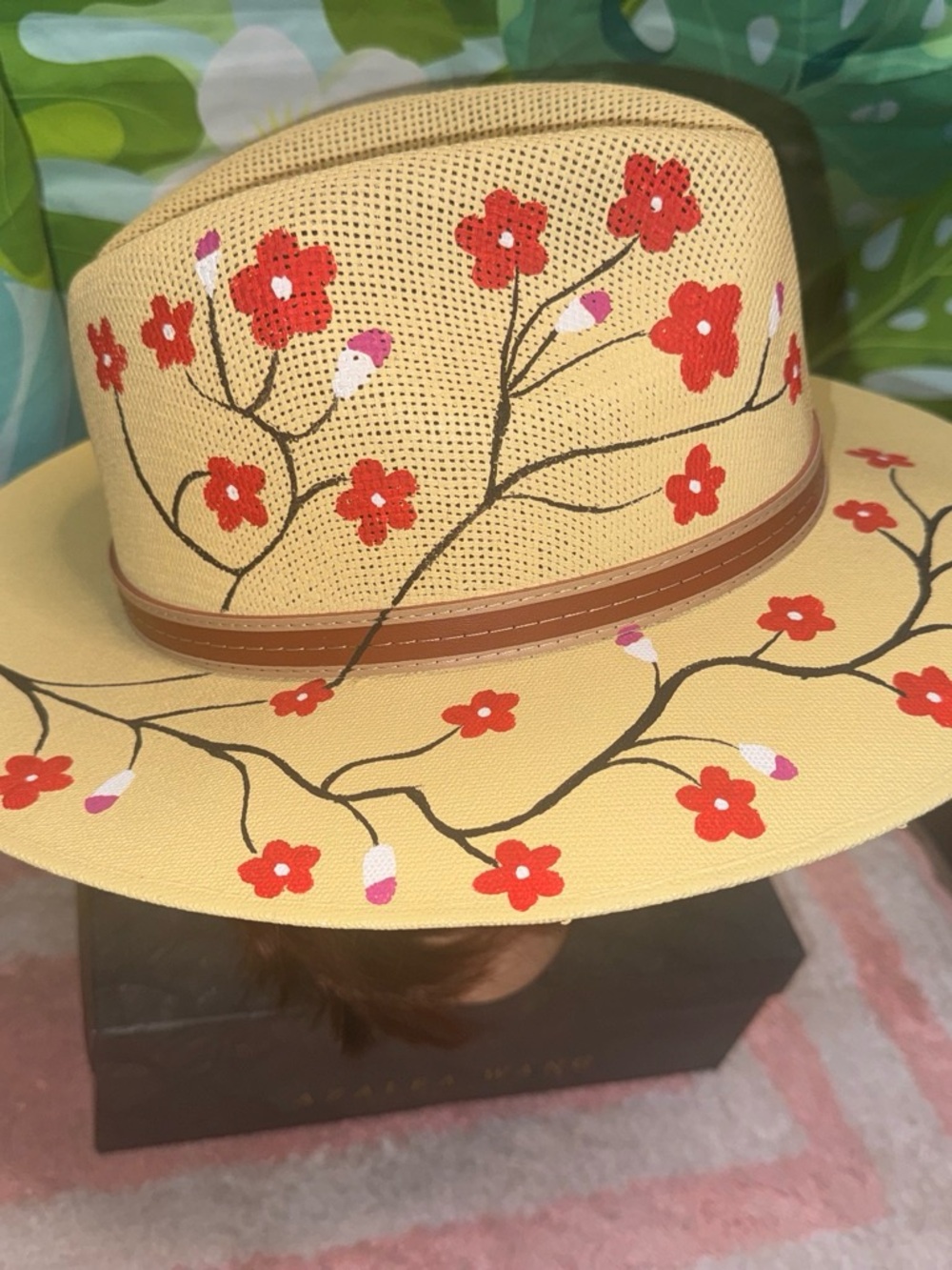 Hand-Painted Yellow Straw Fedora with Red Floral Accents